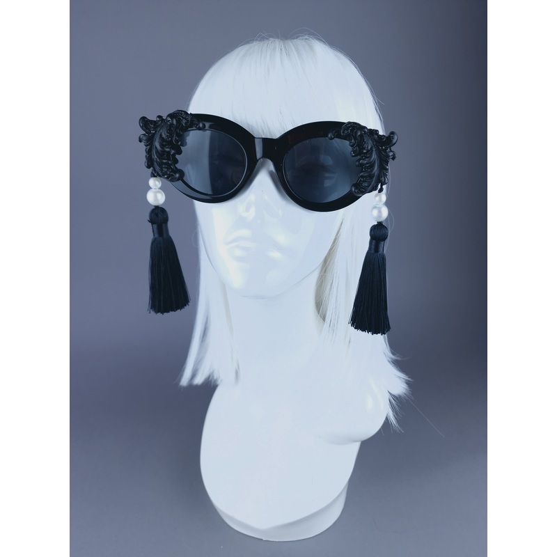 Endora Black Filigree Pearl Tassel Sunglasses