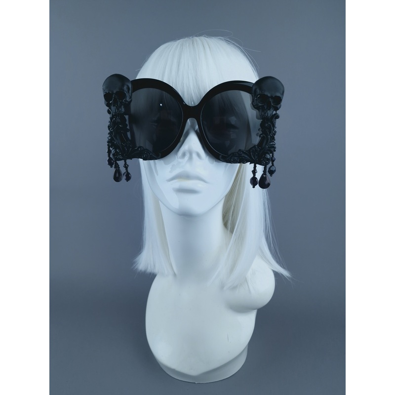Keres Black Skull, Filigree & Beading Oversized Sunglasses