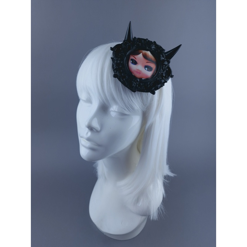 Little Devil Black Filigree Bradley Doll Face Mini Fascinator with Horns