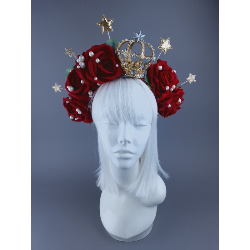 Sanguis Christi Red Rose, Pearls & Gold Crown Headdress