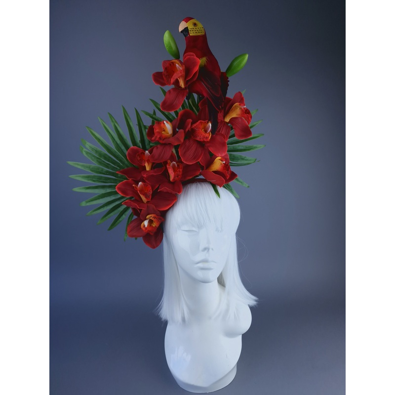 SunnivaTropical Red Orchid, Leaf & Parrot Headdress
