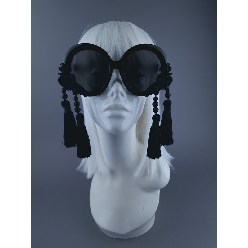 Talism Black Filigree Tassel Oversized Round Sunglasses