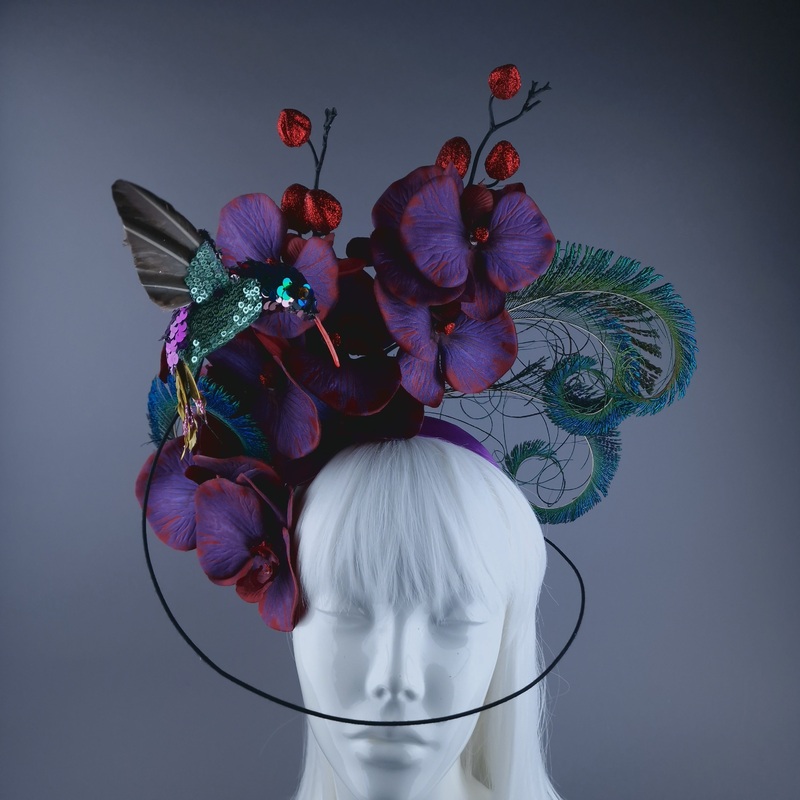 Whir Hummingbird & Purple Red Orchid Headdress