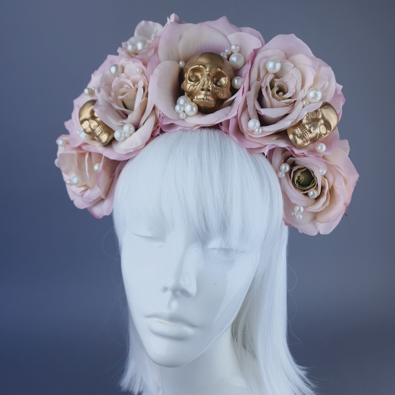 Zubair Skulls, Pearls & Pink Roses Headpiece