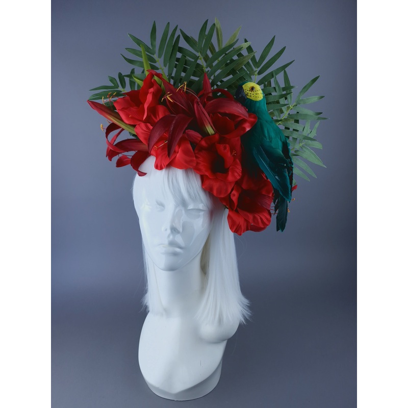 Alamea Tropical Red Flowers, Leaf & Parrot Headdress