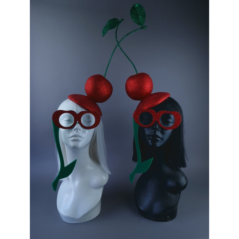 BESPOKE 2 x Giant Glitter Cherry Food Fascinator Hats & 2 Masks