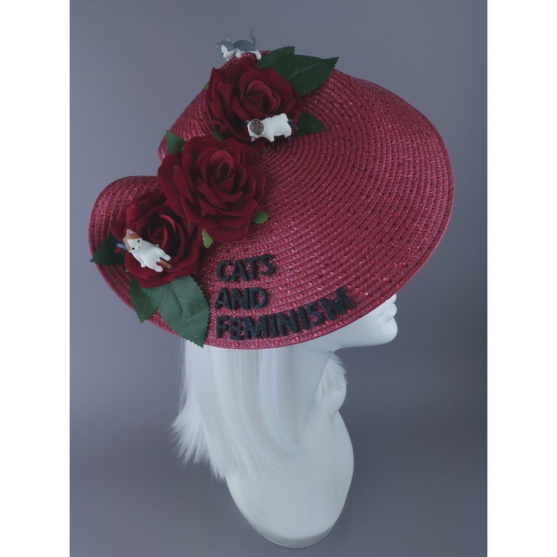 Cats & Feminism Red Roses & Kittens Vintage Inspired Hat