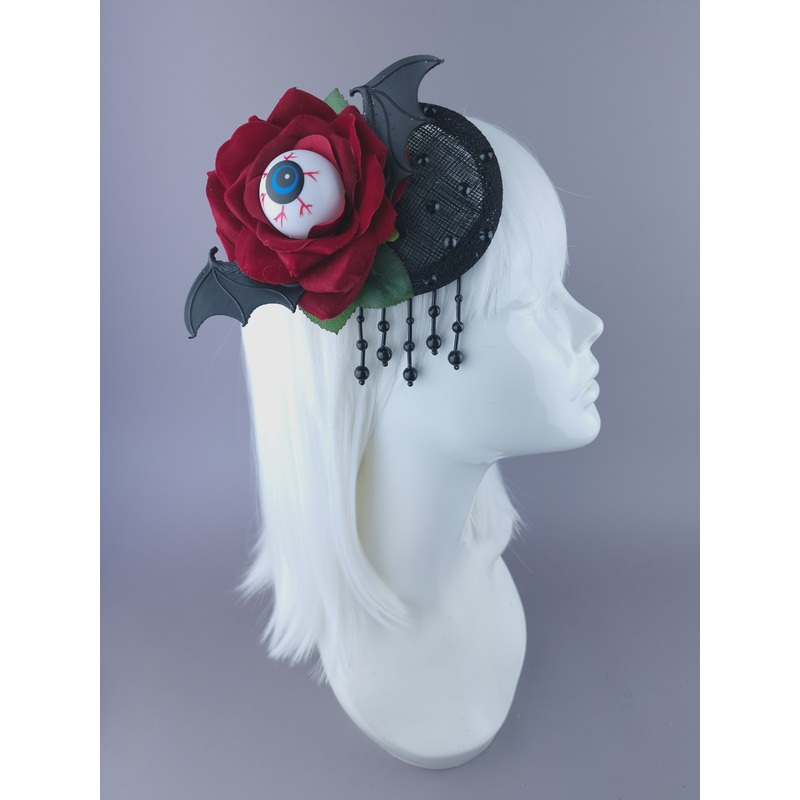 Demiana Red Rose, Eyeballs, Bat Wing Mini Fascinator
