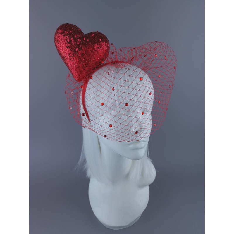 Diletta Red Glitter Heart Veil Headdress