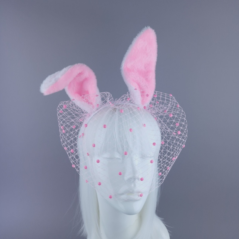 Flopsy Pink & White Bunny Ear Veil Headdress