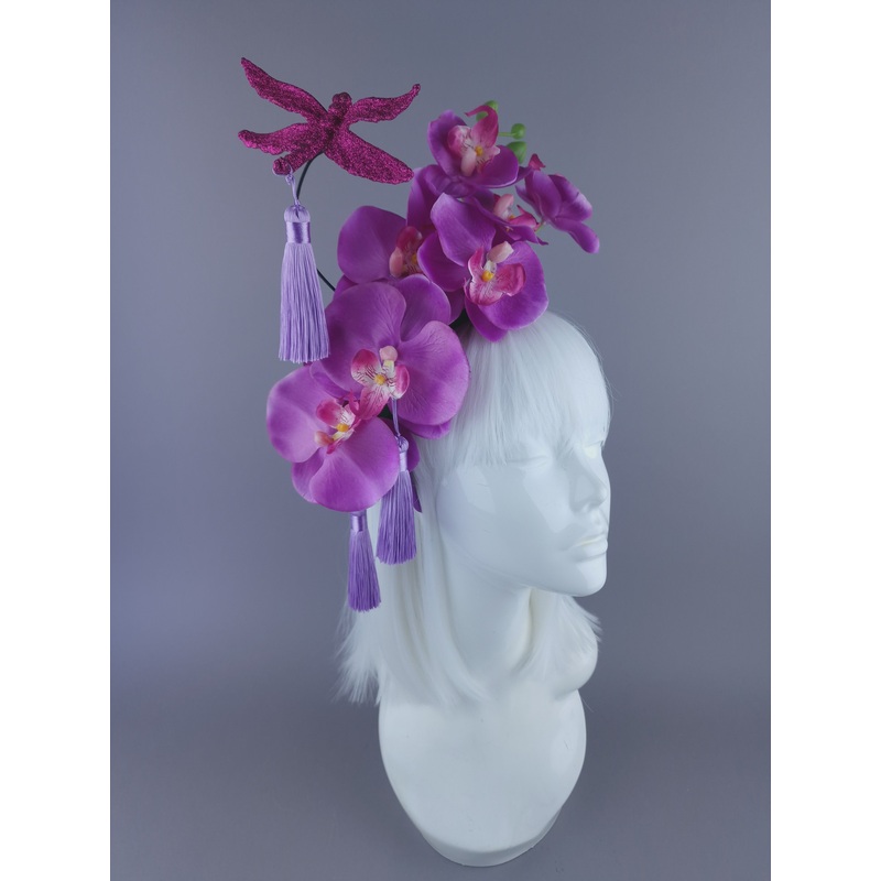 Lanfen Pink Purple Orchid, Dragonfly & Tassel Headdress