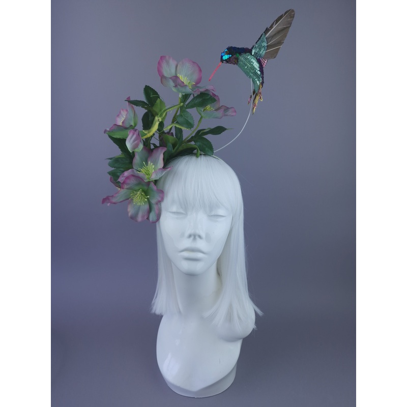 Picotee Purple & Green Hellebore Flowers & Hummingbird Headdress
