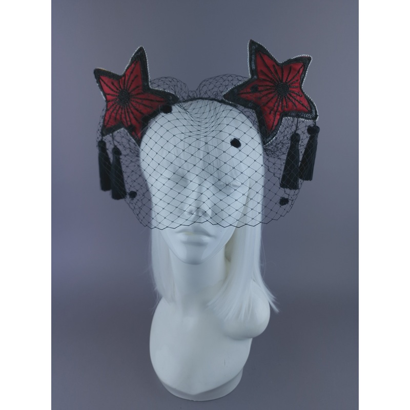 Rubette Red & Black Star & Tassel Veil Headdress