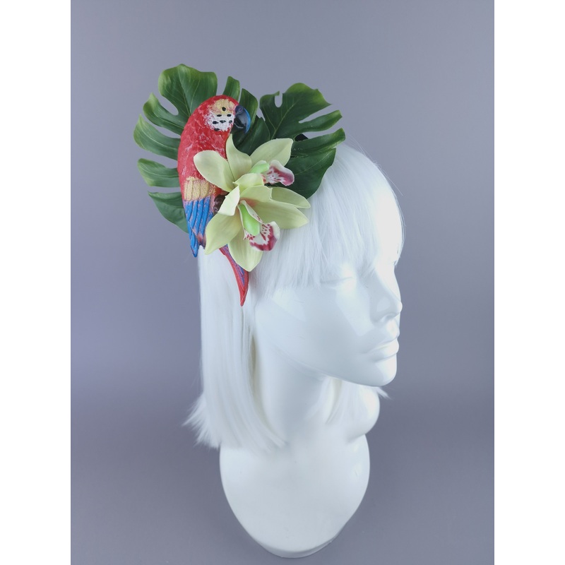 Tropic Red Parrot & Orchid Mini Fascinator