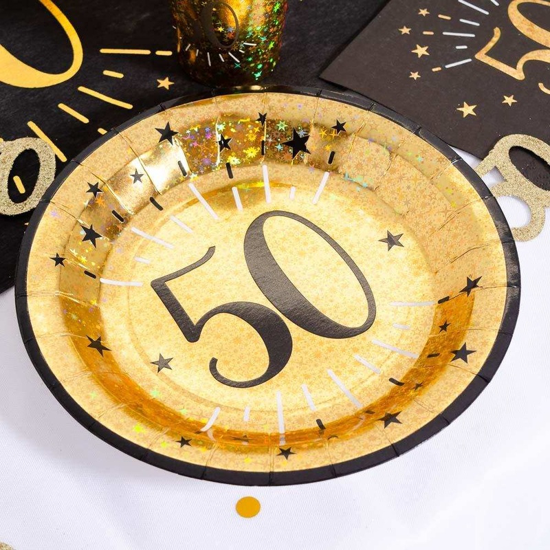 50th Birthday Black & Gold Sparkle Plates (x10)