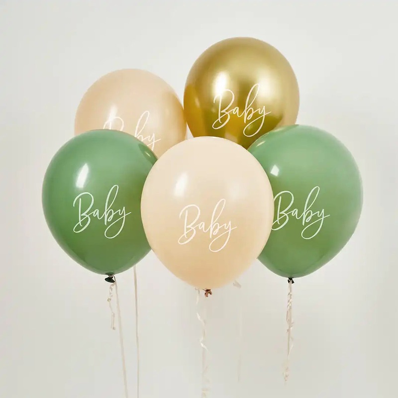 Sage, Nude & Gold 'Baby' Latex 12 Balloons (x5)