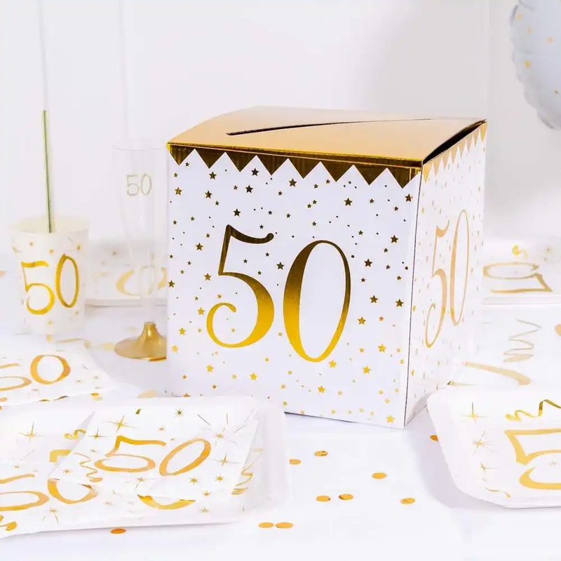 50th Birthday White & Gold Sparkle Card Box