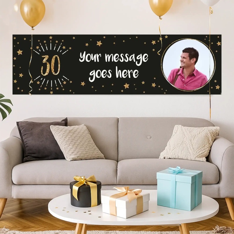 Black & Gold 30th Birthday Personalised Party Banner