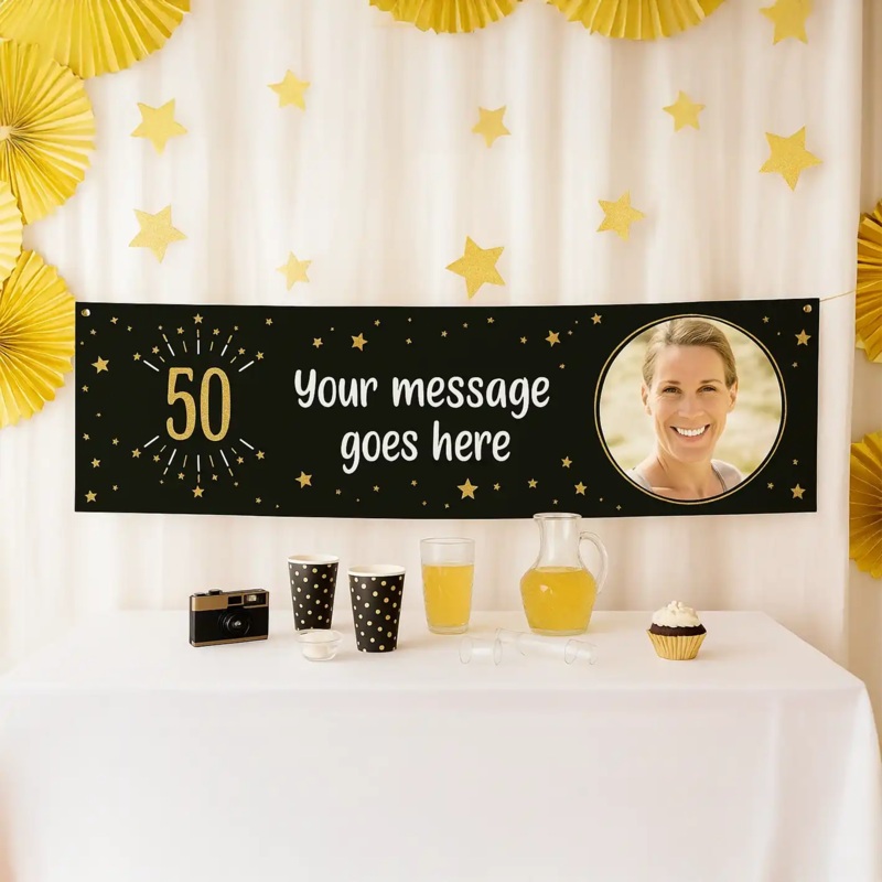 Black & Gold 50th Birthday Personalised Party Banner