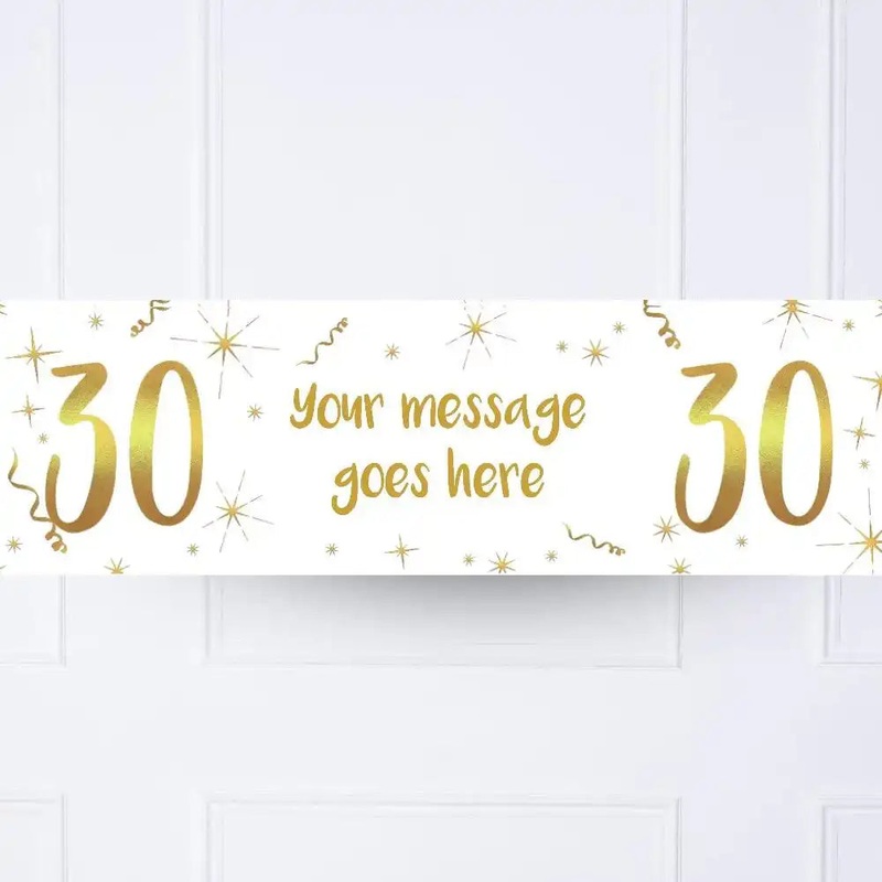 White & Gold 30th Personalised Party Banner