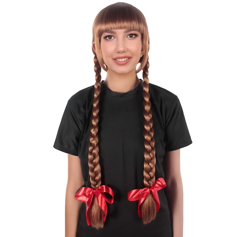 Animated Movie Horror Doll  | Brown Braided Pigtails with Red Ribbons Movie Icon Wig | Premium Halloween Wig