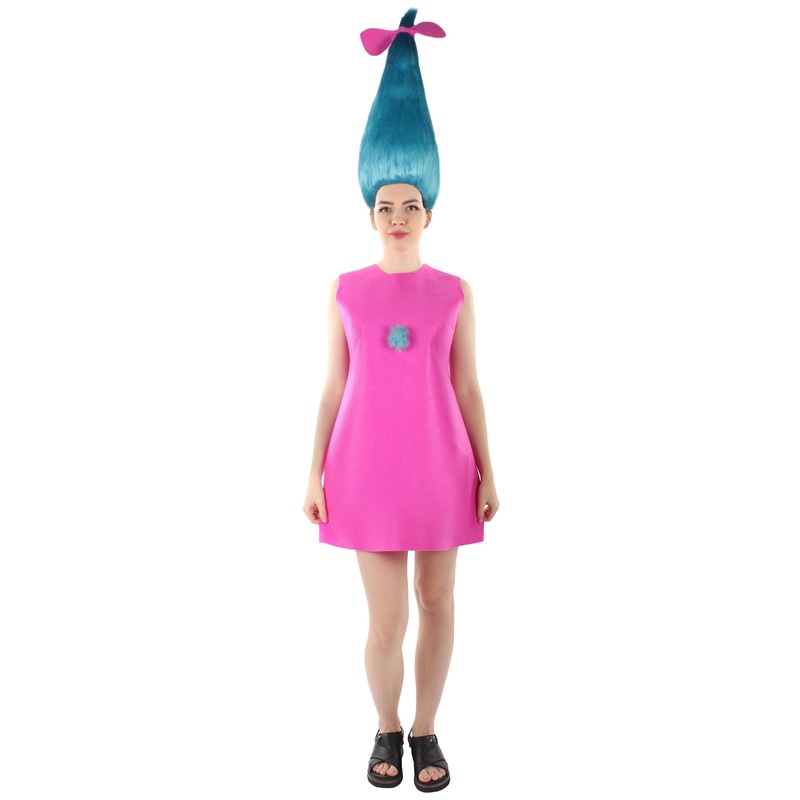 Women's Long Length Halloween Animated Blue Pop Troll Pink Bow Wig with Costume