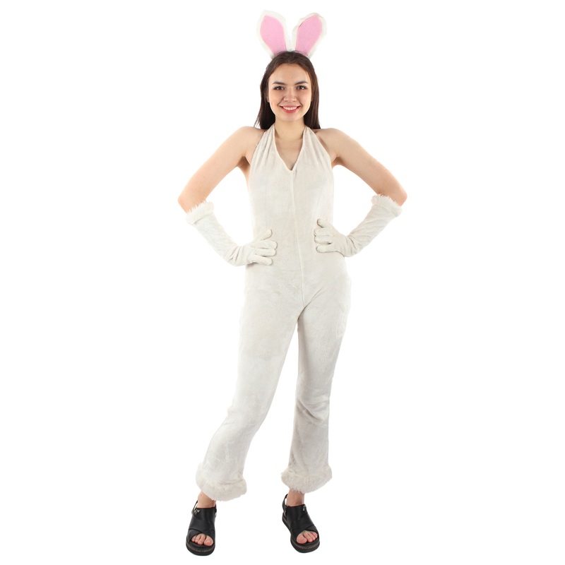 Women's White Bunny Costume with Bunny Ears| Best  Halloween Fancy| Flame-retardant Synthetic Fabric