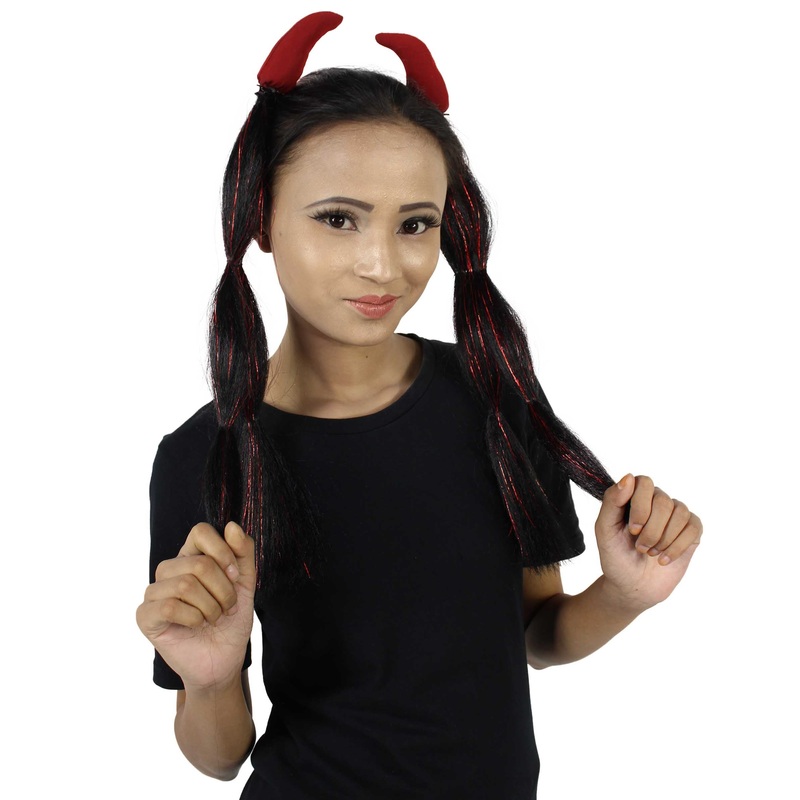 Devil Horn Hair Clips | Women's Long Length Festive Devil Horn Hair Clips - Long Straight Black Hair - With Red Tinsel Strands