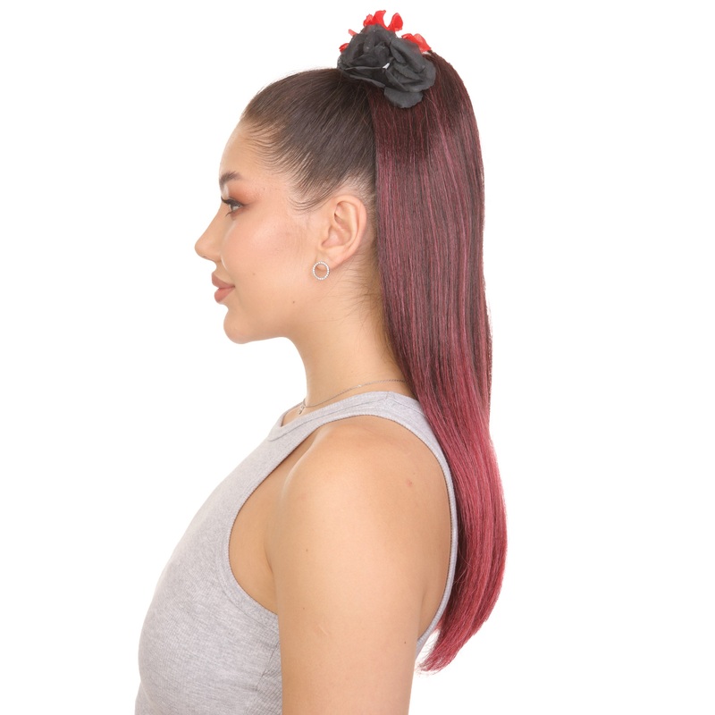 Dotd Hair Clips | Women's Long Length Day of the Dead Hair Clips - Long Straight Black Hair - With Red Tinsel Strands and Colorful Flowers