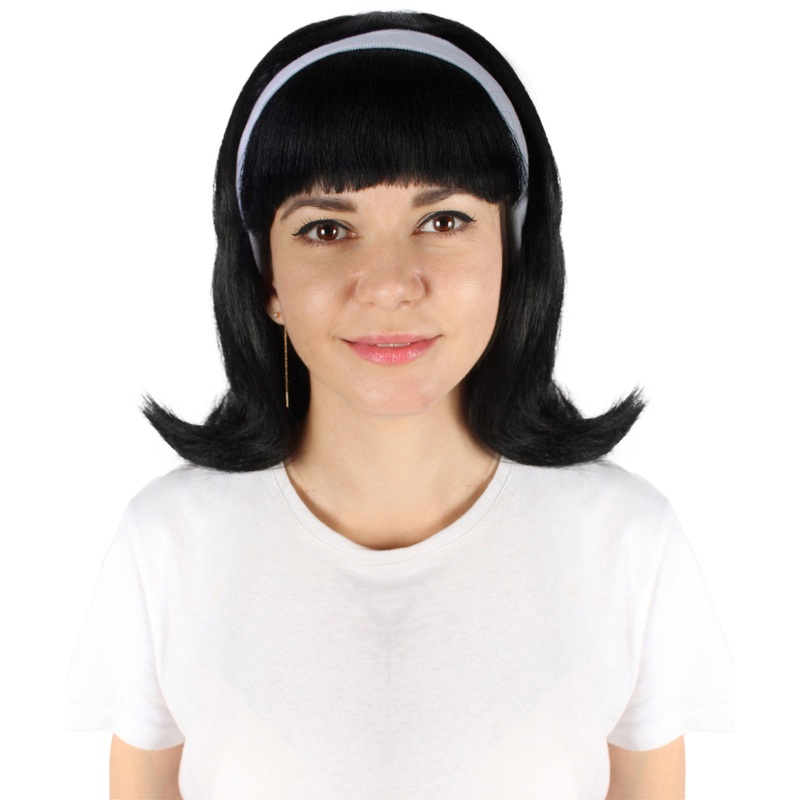 50's Flip | Women's Black Color Straight Shoulder Length 50's Flip Wig with White Headband |