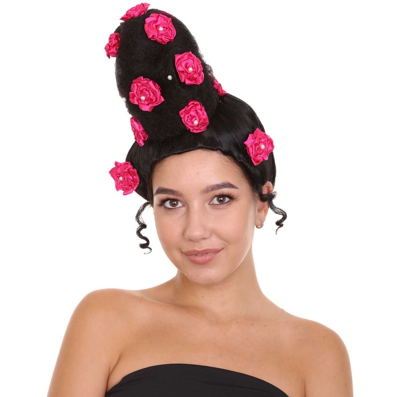 Womens Pinned Up Bun Artist Wig - Long Black Hair with Pink Flowers - Capless Cap Design
