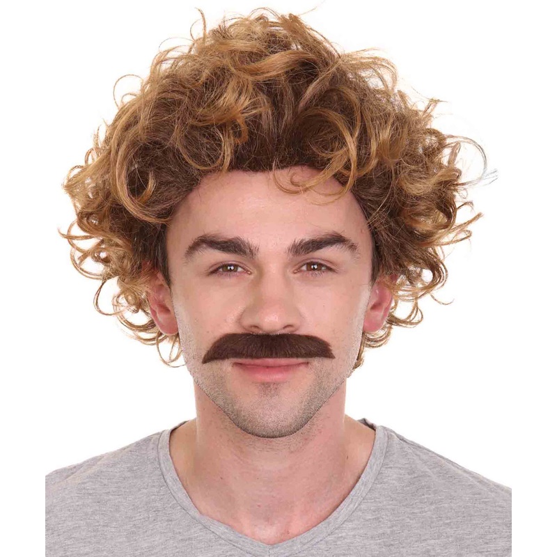 Comedy TV | Mens Pro Wrestler Short Brown Curly Wig and Mustache