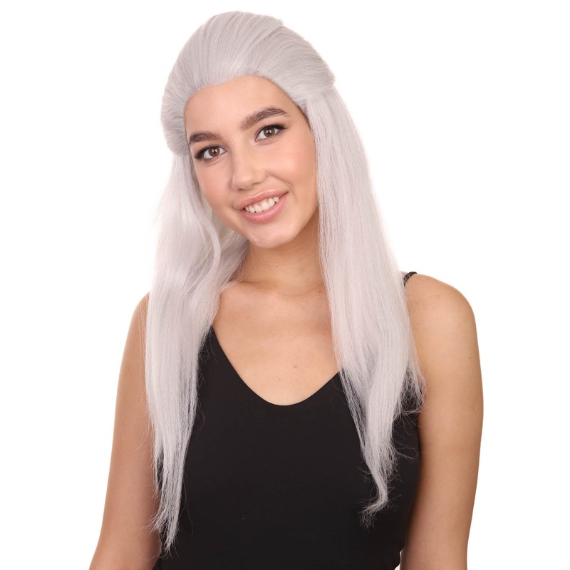 CW Premium Women's Long White Straight 20' Warlock Cosplay Wig - Lace Front Heat Resistant Fibers - Pulled Back Pony Tail