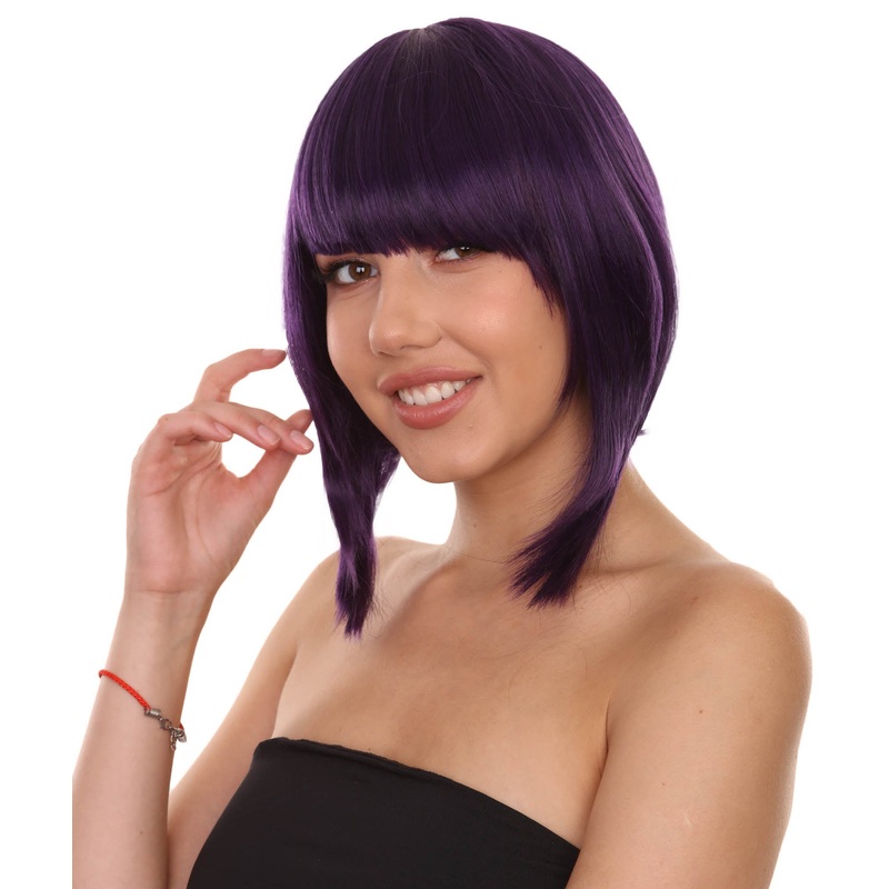 CW Women's Short 14' Unbalanced Bangs Purple Hero Rocker Girl Synthetic Anime Wig - Capless Cap Heat Resistant Fibers - Unconventional Bob Style