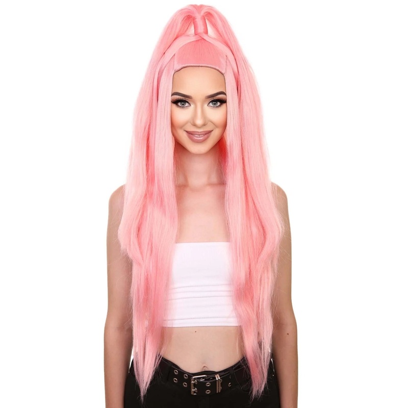 Chromatic Pop Angel | Bubblegum Pink Half Up Wig with Wrapped Top Knot | Premium Halloween Wig