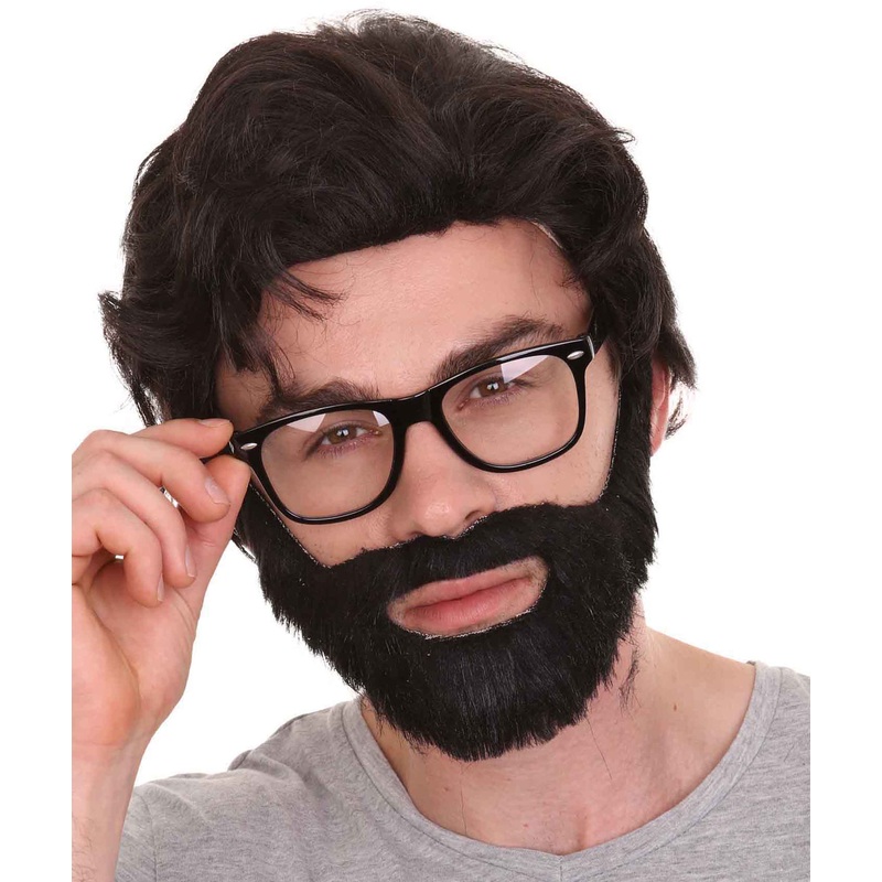 Crime TV | Men's Medium Length Side Part Black Straight Bearded  Fancy  Wig with Black Glasses