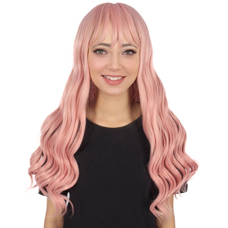 Womens Long-Length Wavy Wig | Pink Fancy Wig | Premium Breathable Capless Cap