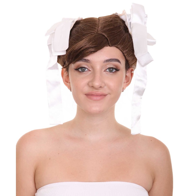 Womens Short Length Brown Straight Pinned Up White Ox Horns Buns with Ribbons Cosplay Wig | Premium Breathable Capless Cap