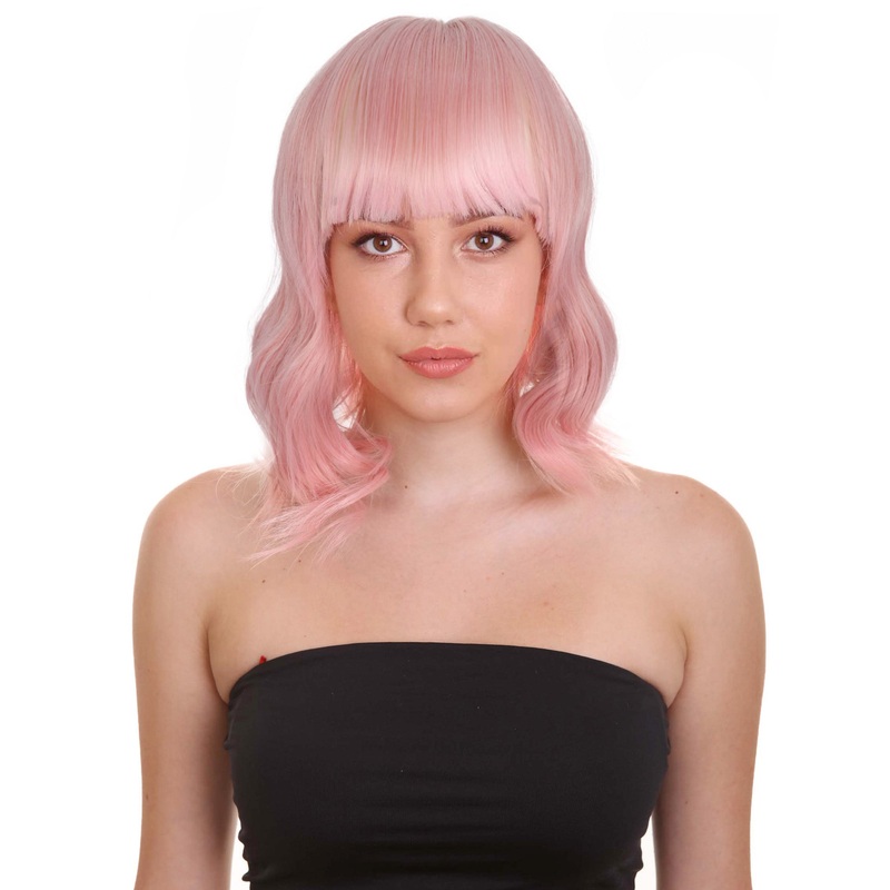 Womens Short-Length Wavy Wig | Light Pink Fancy Wig | Premium Breathable Capless Cap