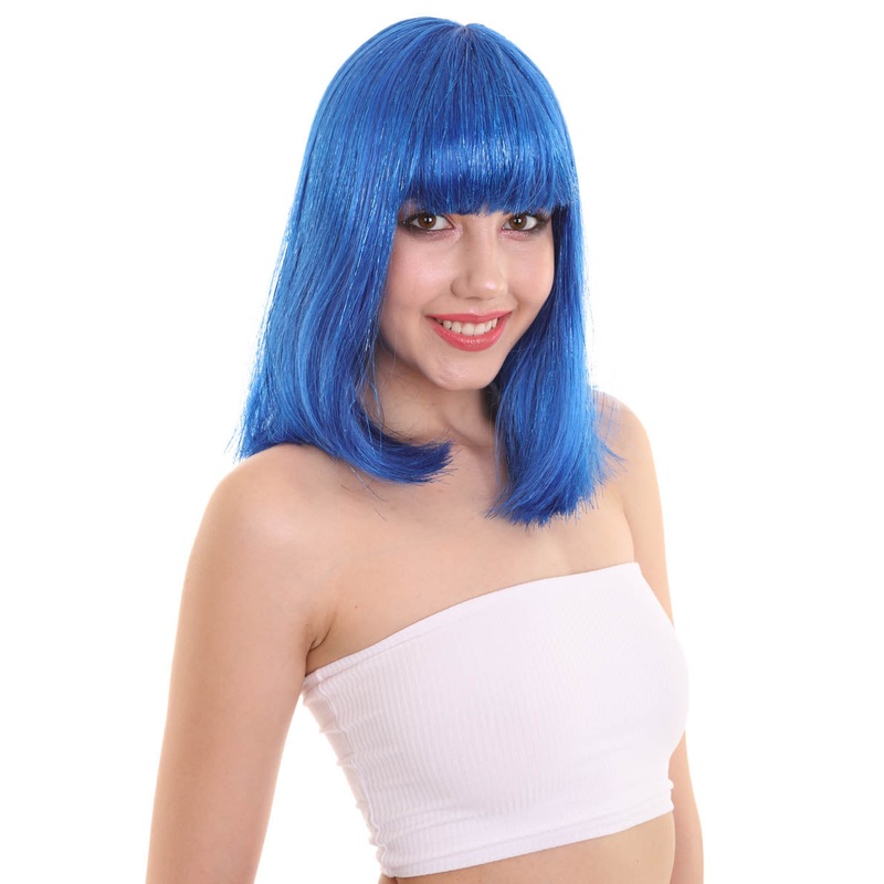 Bright Blue Bob with Blue Tinsel | Sparkly Celebrity Halloween Wig | Premium Capless Cap
