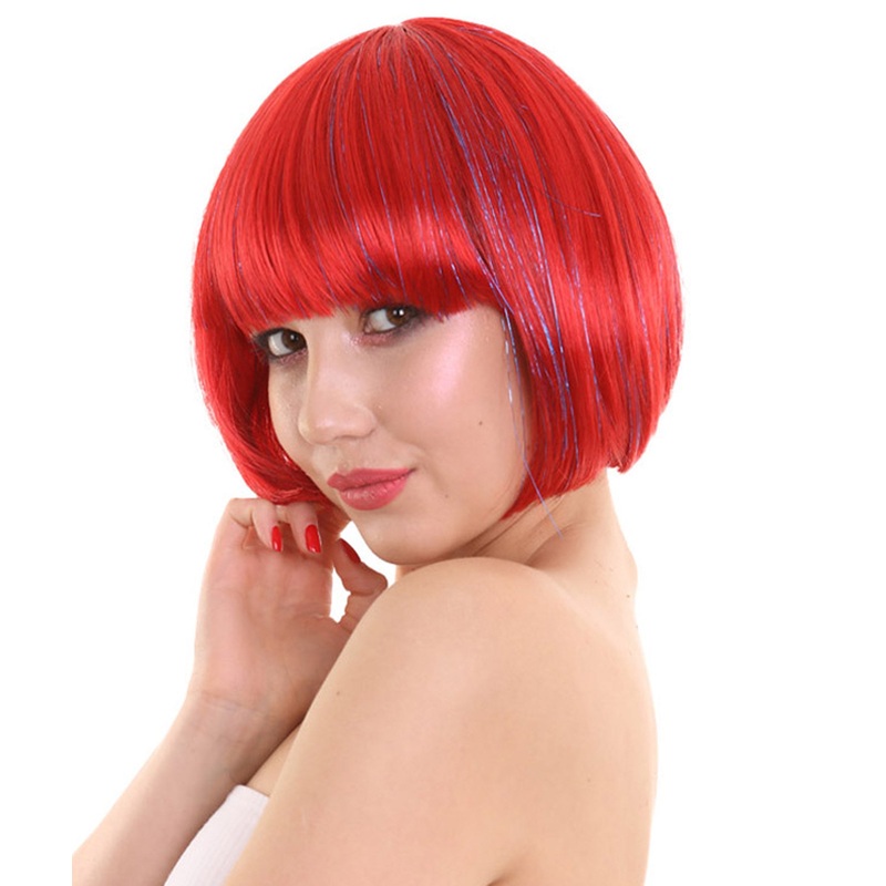 Bright Red Bob with Tinsel | Sparkly Celebrity Halloween Wig  | Premium Breathable Capless Cap