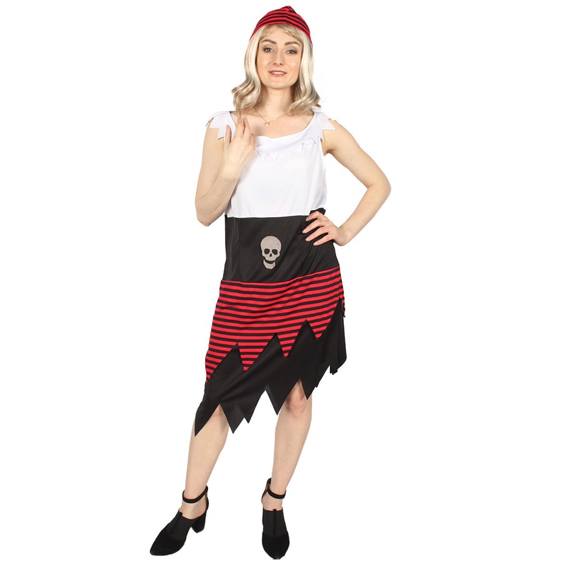 Women Pirate Buccaneer Costume, Black, White & Red Halloween Costume