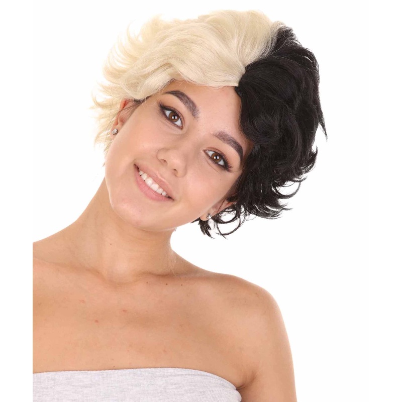 Womens Short Two Tone Black and White Pixie with Heart Bangs | Premium Breathable Capless Cap