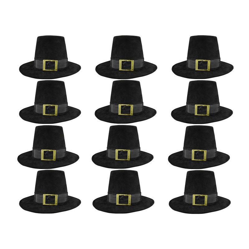 12 PK Deluxe Pilgrim Hat W/Buckle Quaker Amish Top Hat Cap Flat Topped Costume