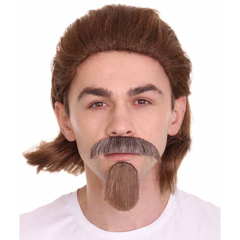 18th Century Officer Wig with Moustaches and Goatee Set | Brown Historical Wigs | Premium Breathable Capless Cap