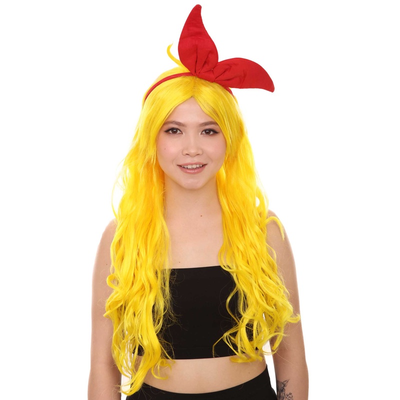 Womens Manga Wig with Red Bow Set | Yellow TV/Movie Wigs | Premium Breathable Capless Cap