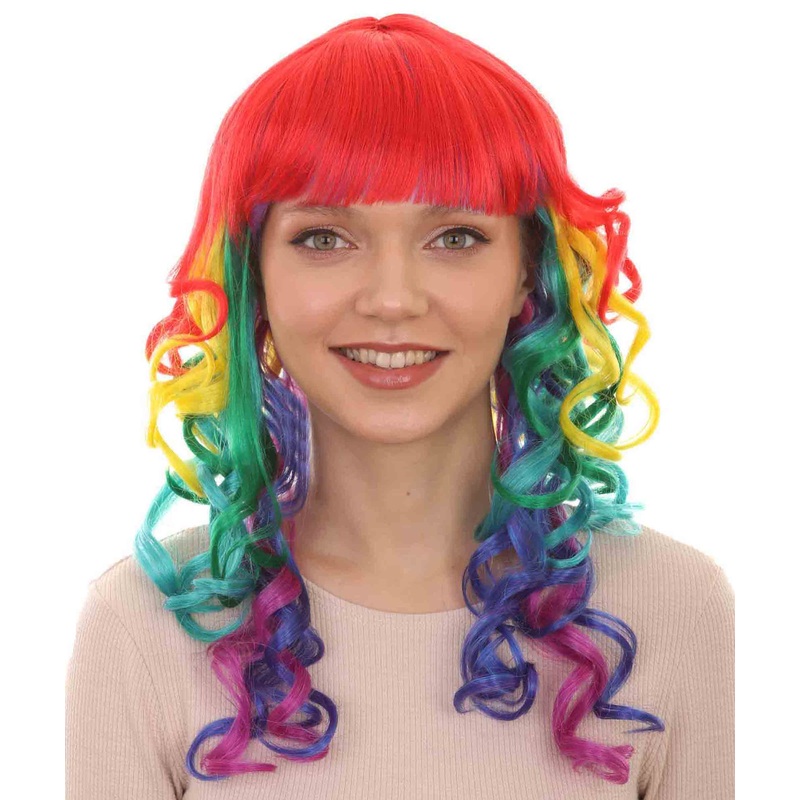 Womens Rainbow Long Curly Colorful Wig | Clown Rainbow Wigs | Premium Breathable Capless Cap