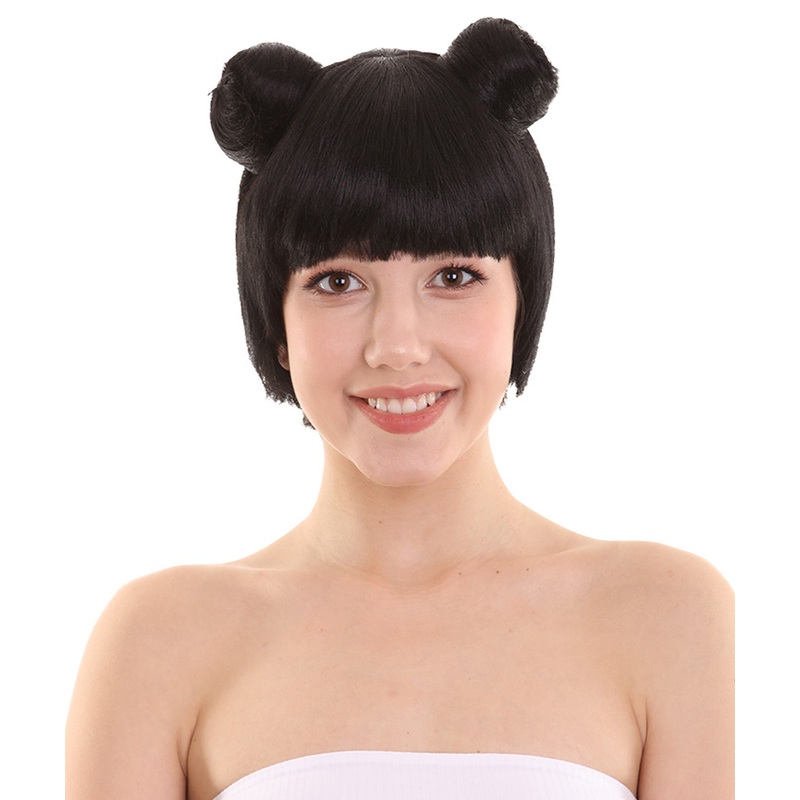 Womens Singer Two Buns Wig , Black Celebrity Wigs , Premium Breathable Capless Cap