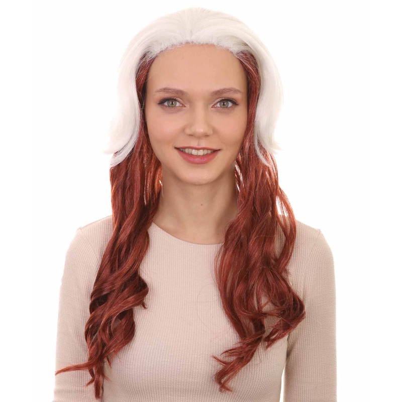 Womens Superhero Curly Long Wig | White & Brown TV/Movie Wigs | Premium Breathable Capless Cap