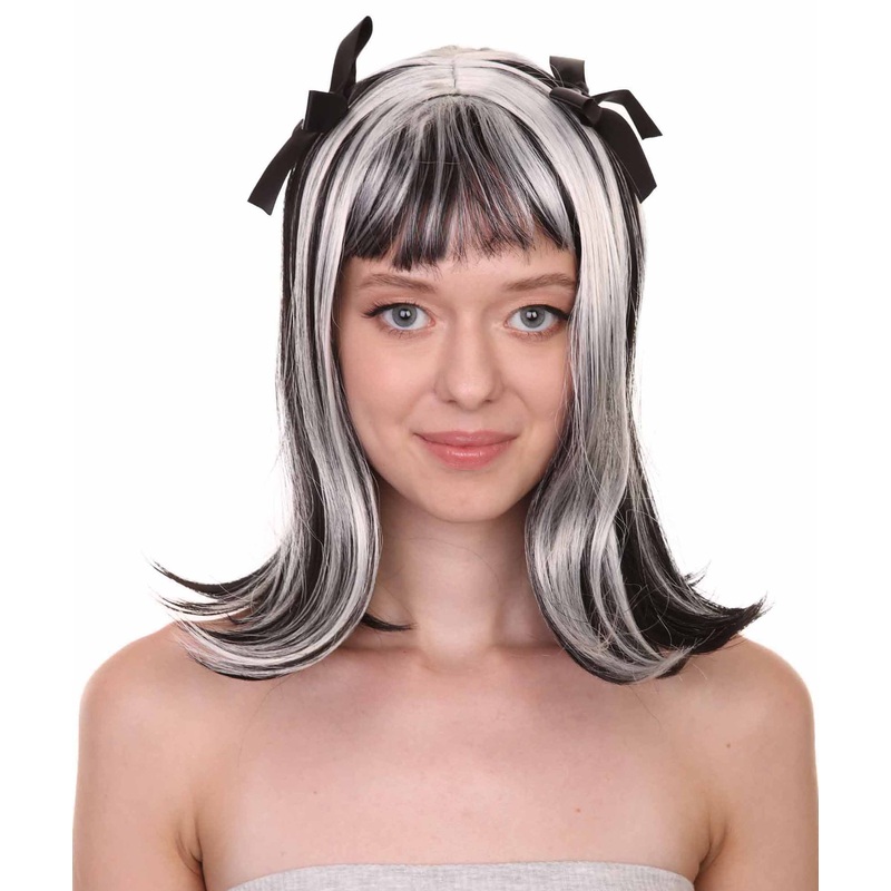 Womens Ghostly Zombie Wig with Ribbons | Two Tones Black and Grey Scary Wigs | Premium Breathable Capless Cap